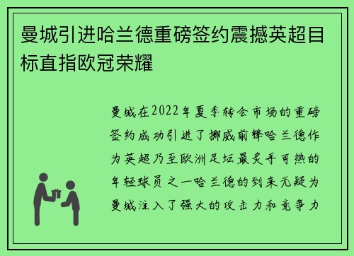 曼城引进哈兰德重磅签约震撼英超目标直指欧冠荣耀